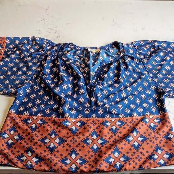 Collective Concepts Blue Burnt Orange Boho Peasant Top - Picture 3 of 4